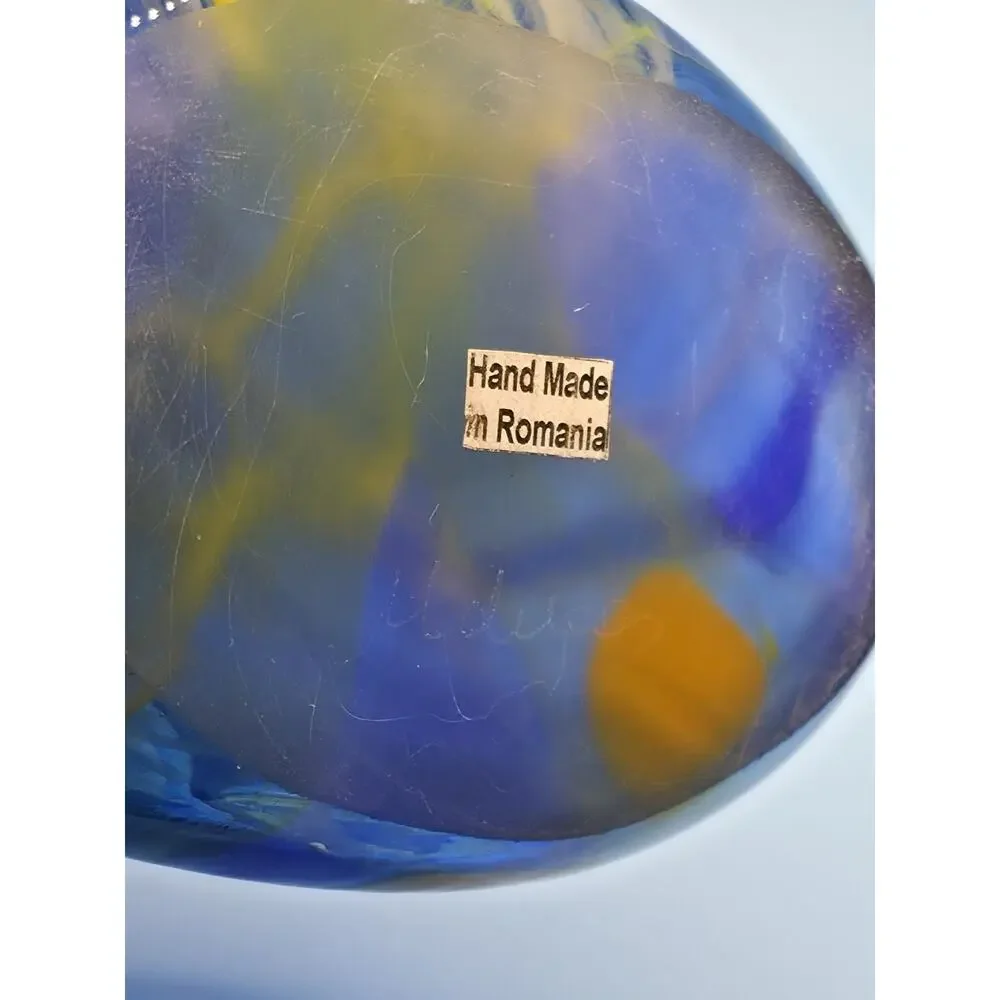 Signed Romanian Art Glass Vase Cobalt Blue Yellow Blown Studio Glass Vintage MCM